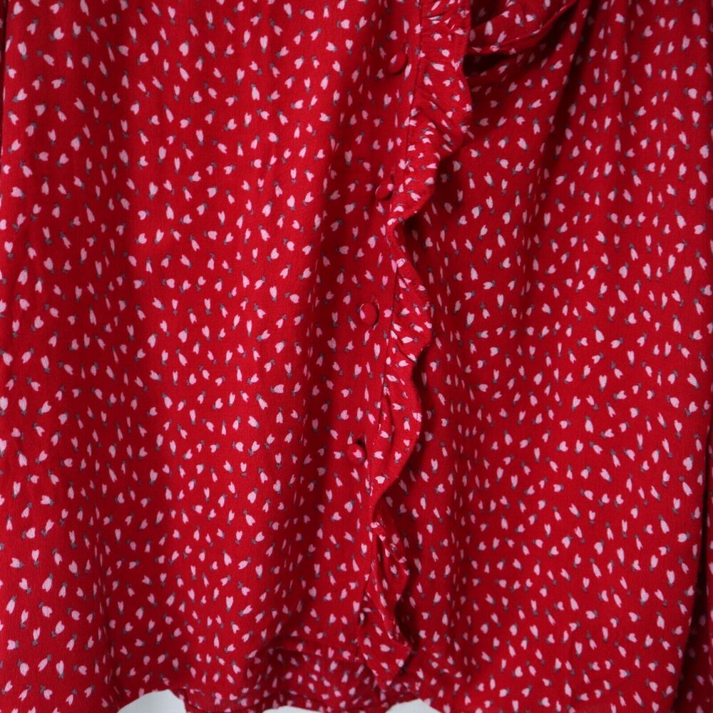 ROLLA’S Size M Lily Blouse Ruffle Trim Long Sleeve Red Pink Mini Tulip Print - Picture 7 of 11